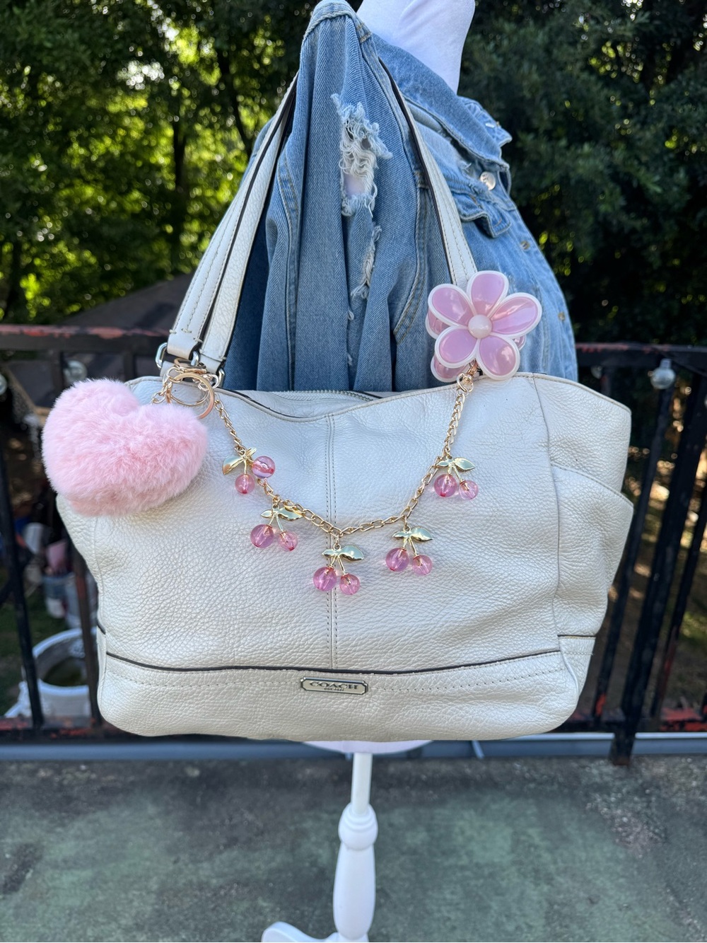 Coach Cream Leather Shoulder Tote with Pink Charm Chain